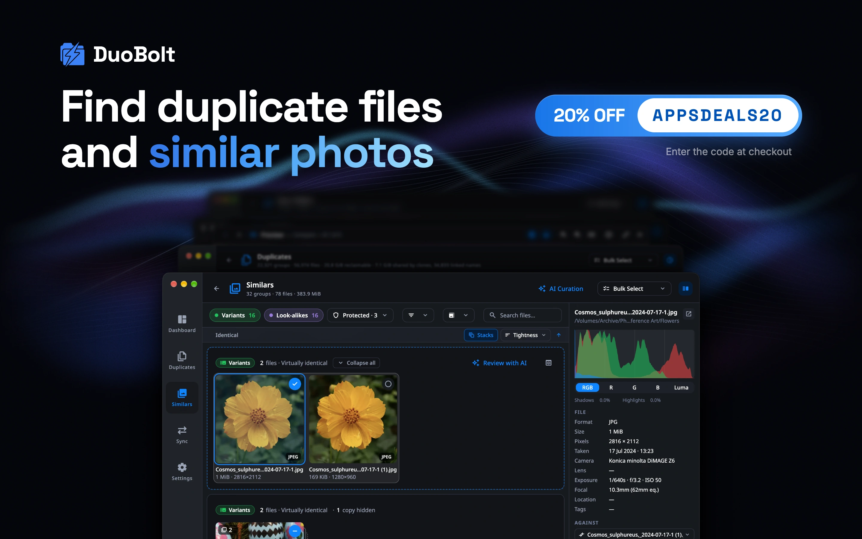 DuoBolt: find duplicate files and similar photos, 20% off with code APPSDEALS20