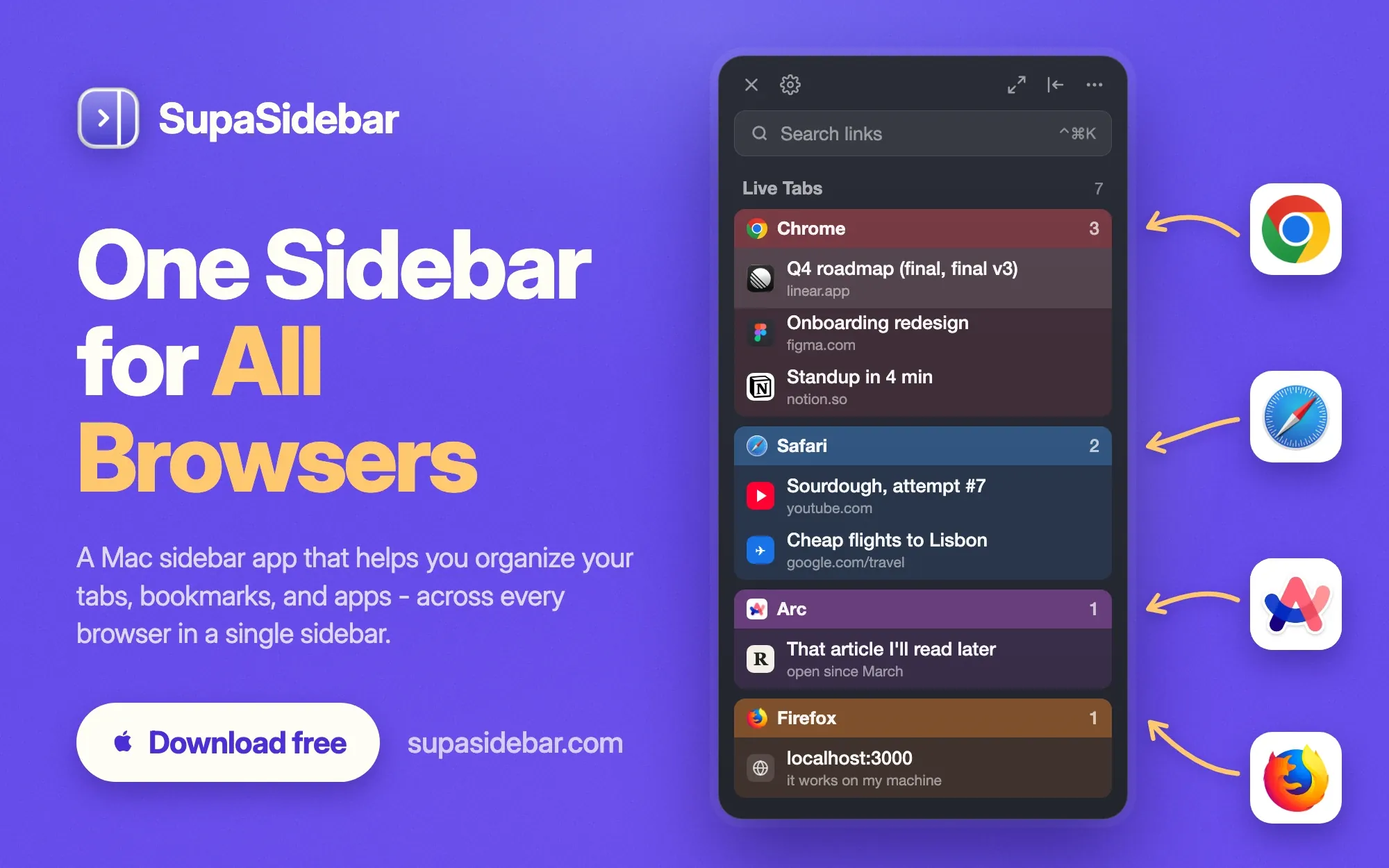 SupaSidebar: one sidebar for tabs and bookmarks across all your Mac browsers