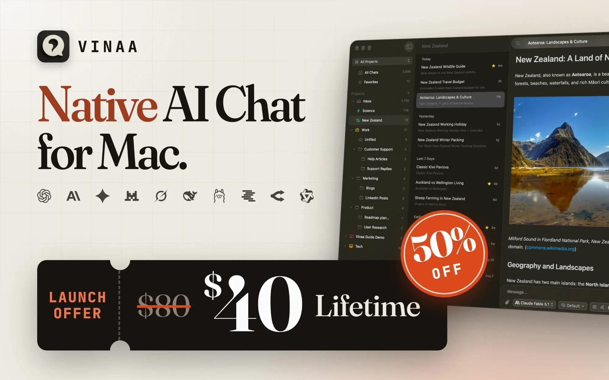 Vinaa: native AI chat for Mac, 50% off launch offer at $40 lifetime (was $80)