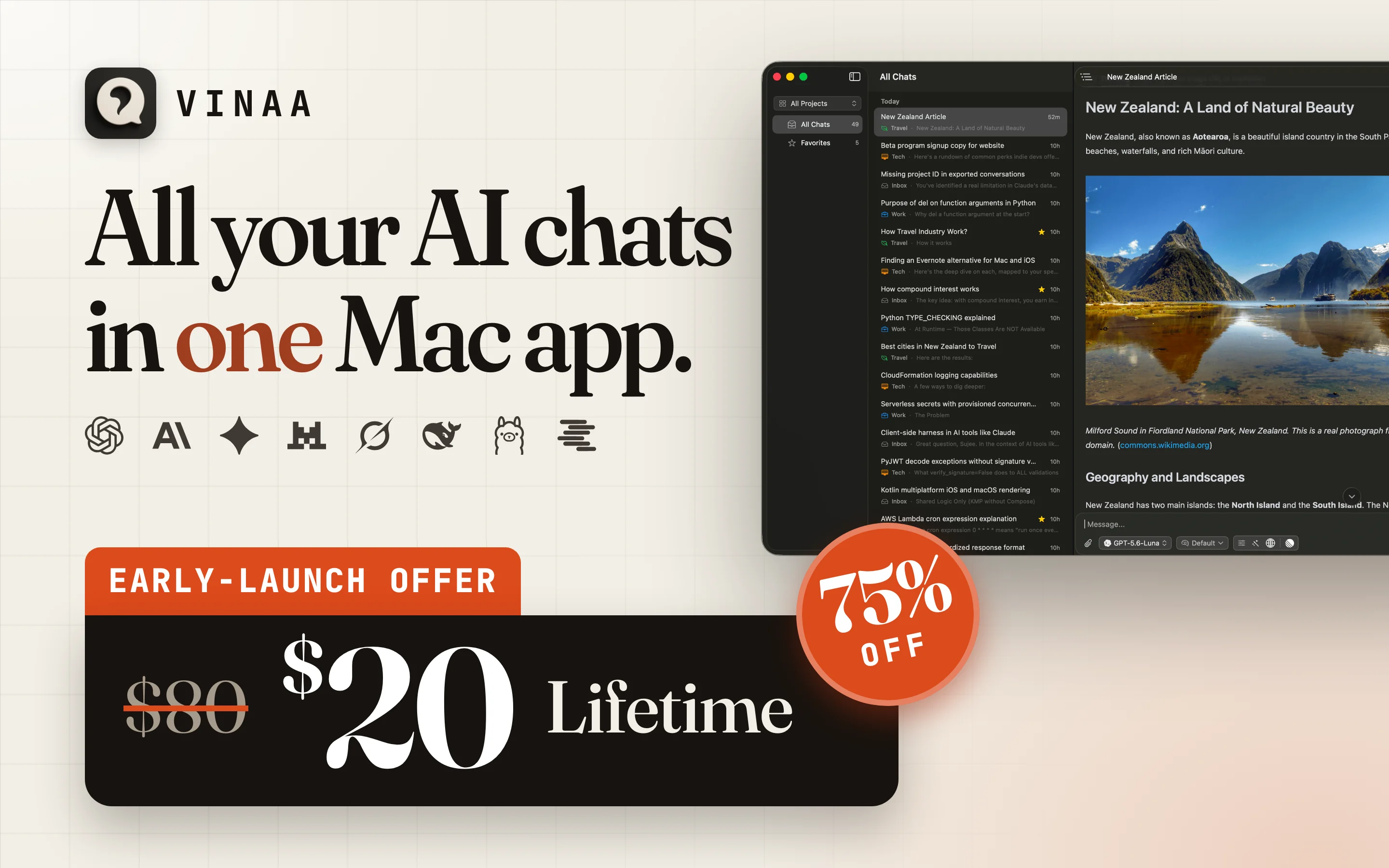 Vinaa: all your AI chats in one Mac app, $20 lifetime early-launch offer